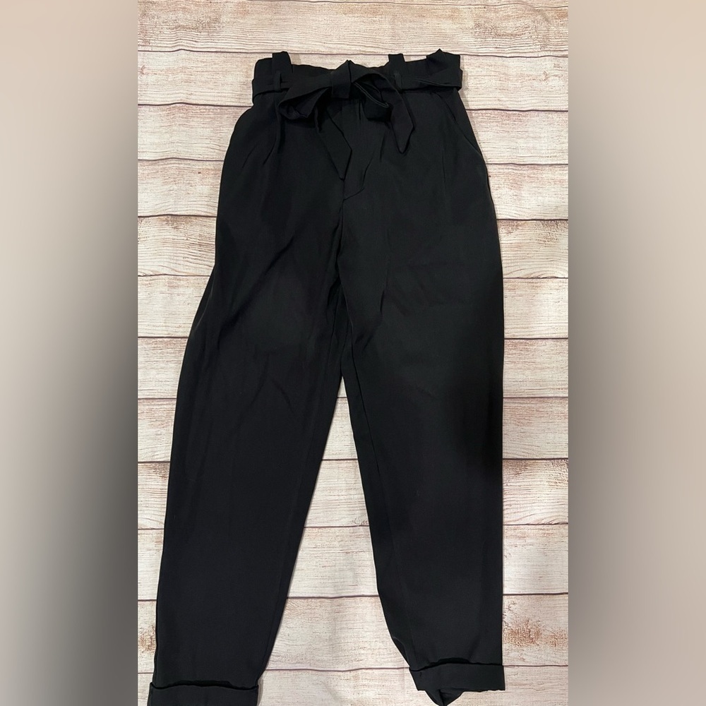 Pull & Bear Womens S Paperbag Pant Ankle Black High Tie Elastic Waist Pull On